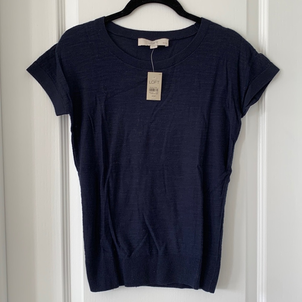 NWT LOFT Navy Blue 100% Cotton Knit Short Sleeves Top Size XSP